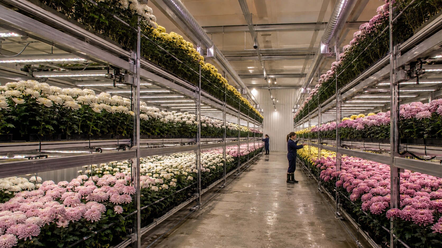 Hasada yakın krizantemlerin bulunduğu UNITEDFLORA kontrollü ortam üretim alanı